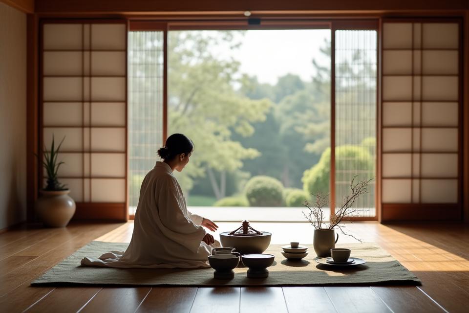 고즈넉한 한옥 배경의 전통 차담 풍경, 맞춤 여행 경험을 상징