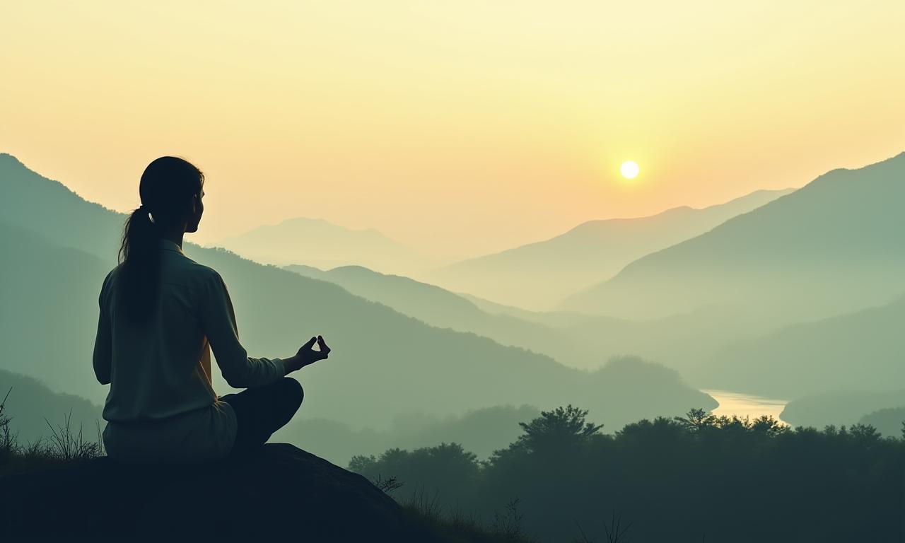 고요한 산 경치를 배경으로 명상하는 사람의 실루엣, Ochre Escape의 웰니스 경험을 상징